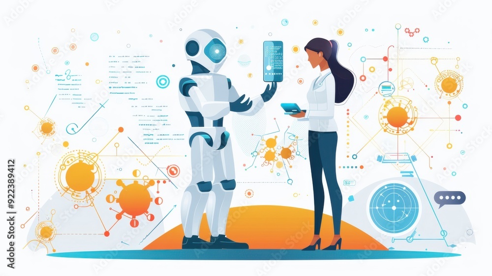 AI in science collaboration, fostering discoveries, flat design illustration AI in science collaboration, fostering discoveries, flat design illustration