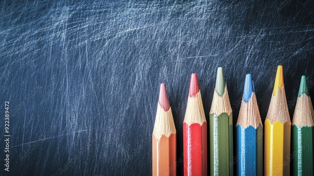 A chalkboard surface with a row of colored pencils, their tips pointing in different directions, adding a playful touch. A chalkboard surface with a row of colored pencils, their tips pointing in different directions, adding a playful touch.