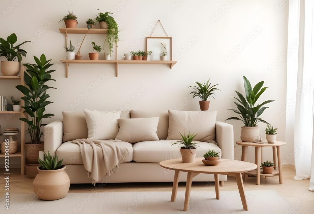 A cozy living room with a beige sofa, a wooden side table, and various potted plants on shelves. A cozy living room with a beige sofa, a wooden side table, and various potted plants on shelves.