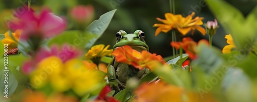 Green Frog Camouflaged Among Colorful Flowers