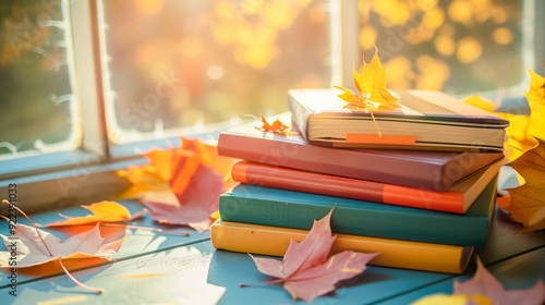 School books and copybooks on wooden table near window with soft sunlight and autumn nature background with yellow leaves maple, autumn school studying background photo