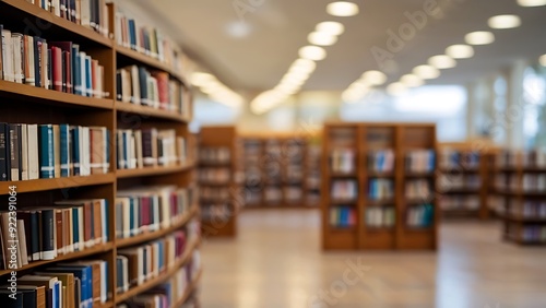 Abstract blurry interior environment of a public library with a room with bookshelves