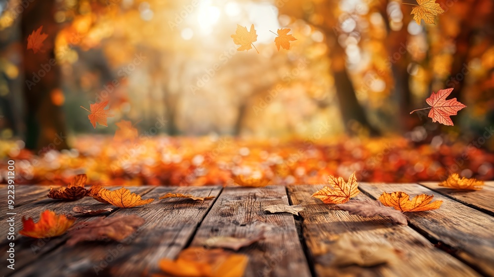 Brown Rustic Wooden table with blurred Autumn background and golden yellow old leaves, autumn table background copy space Brown Rustic Wooden table with blurred Autumn background and golden yellow old leaves, autumn table background copy space