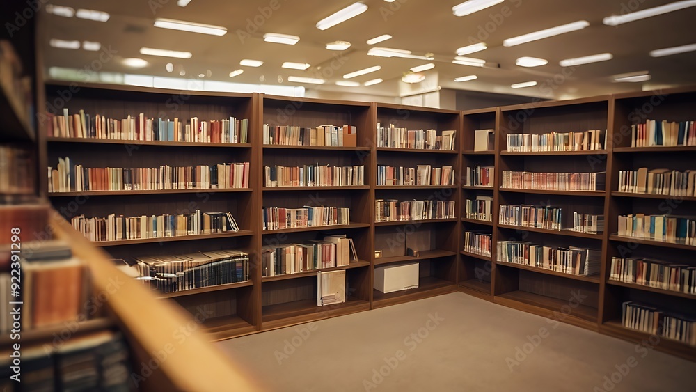 Abstract blurry interior environment of a public library with a room with bookshelves Abstract blurry interior environment of a public library with a room with bookshelves