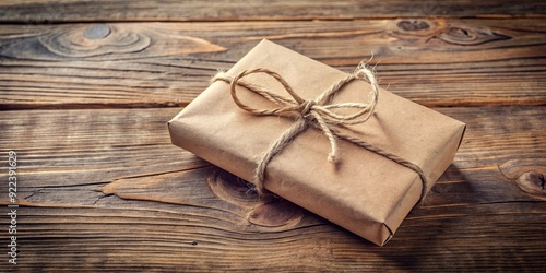 Gift wrapped in brown paper with rustic twine and a small tag attached, gift, present, wrapped, brown paper, rustic, twine, tag