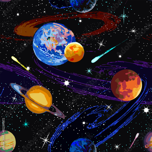 Space in color pattern.Vector pattern with colorful planets, galaxies and stars.