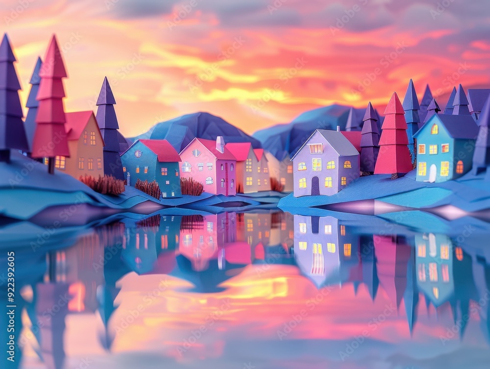 Origami Paper Illustration of Óbidos Lagoon at Sunset Origami Paper Illustration of Óbidos Lagoon at Sunset