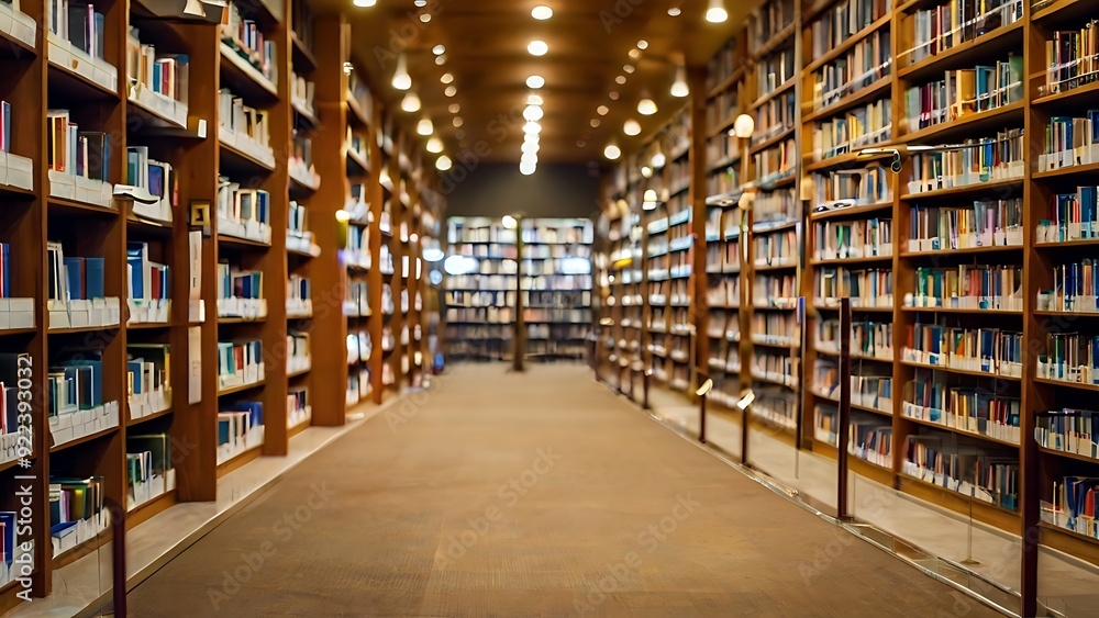 Abstract blurry interior environment of a public library with a room with bookshelves