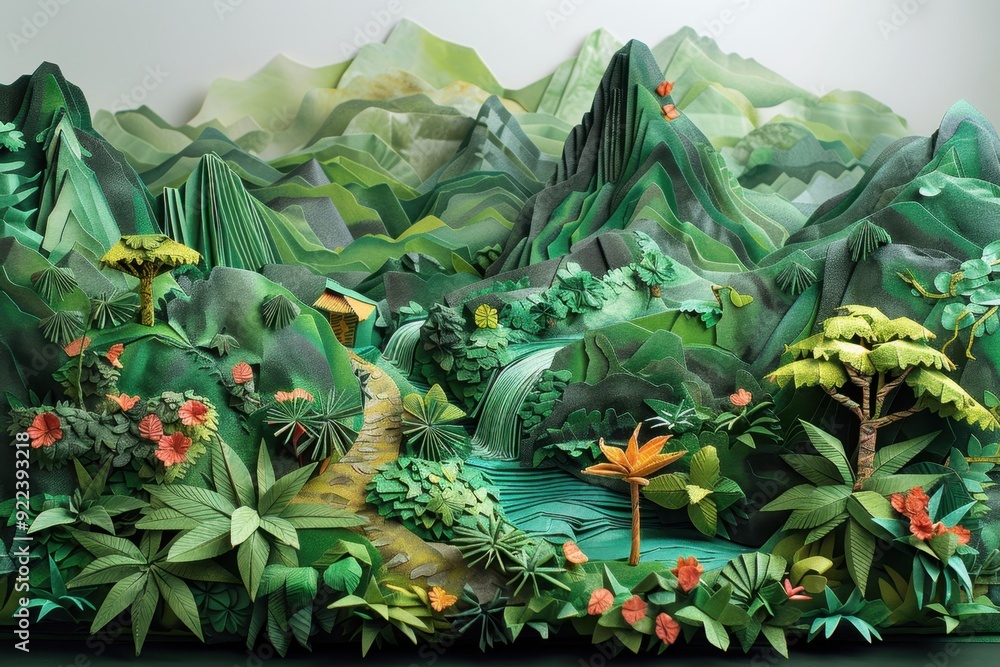 Fototapeta premium Origami Paper Town Illustration of Madeira’s Laurisilva Forest, Portugal with Vibrant Greenery, Waterfalls, and Mountain Trails