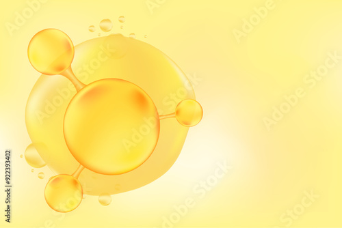 Gold oil or collagen molecule formula, with gold liquid particles, bubbles pattern. Hyaluronic acid serum chemical formula background with copy space. Beauty treatment nutrition.