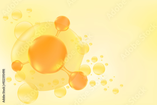 Gold oil or collagen molecule formula, with gold liquid particles, bubbles pattern. Hyaluronic acid serum chemical formula background with copy space. Beauty treatment nutrition.