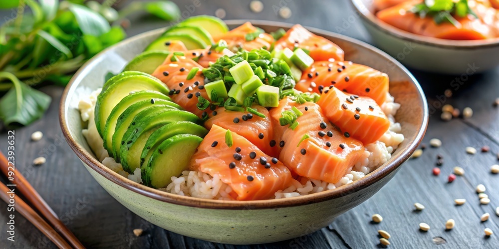Freshly prepared salmon and avocado poke bowl garnished with toasted sesame seeds, thinly sliced scallions, and drizzled with creamy spicy sriracha mayo sauce. Freshly prepared salmon and avocado poke bowl garnished with toasted sesame seeds, thinly sliced scallions, and drizzled with creamy spicy sriracha mayo sauce.