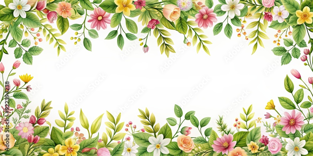 Spring floral seamless border frame with leaves and flowers garland on background, spring, floral, seamless, border, frame Spring floral seamless border frame with leaves and flowers garland on background, spring, floral, seamless, border, frame