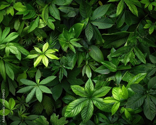Verdant green leaves covering forest floor in serene jungle