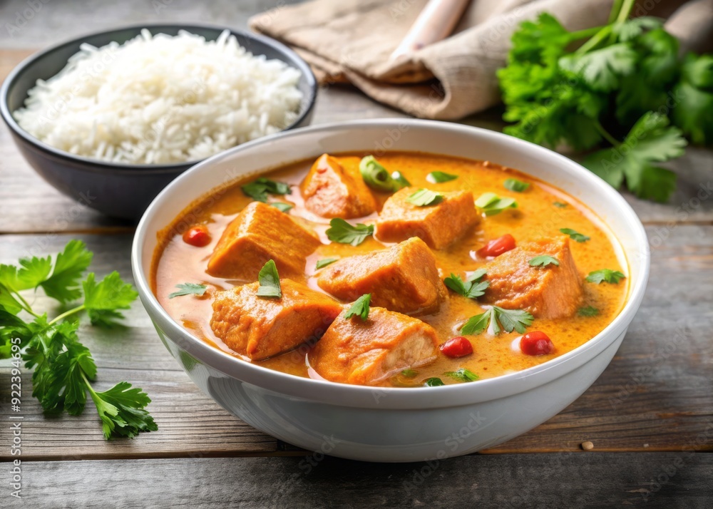 Freshly prepared salmon korma curry in a white bowl, served with steaming hot basmati rice and garnished with coriander leaves and coconut flakes. Freshly prepared salmon korma curry in a white bowl, served with steaming hot basmati rice and garnished with coriander leaves and coconut flakes.