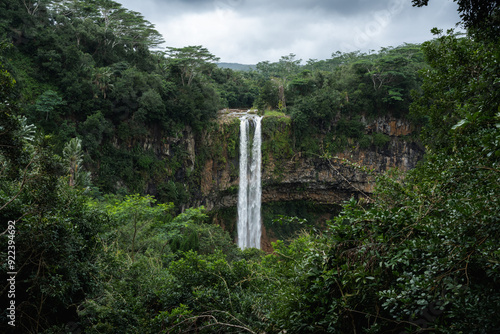 A view of the Chamarel waterfall on a moody day in the jungle of Mauritius, Africa.