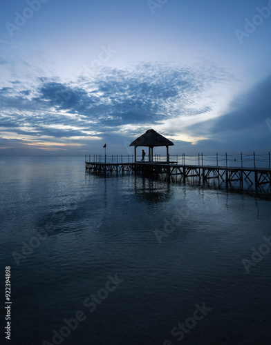 A woman stands on a pier enjoying the silence during the blue hour at Flic en Flac beach, Mauritius, Africa.