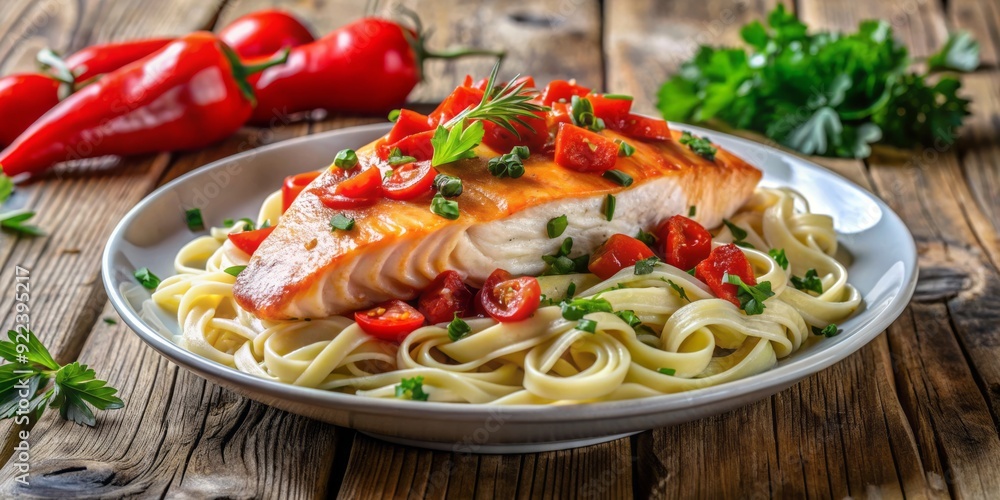 Freshly cooked salmon fillet atop a bed of creamy goat cheese pasta, tossed with roasted red peppers and sprinkled with parsley, on a rustic wooden table. Freshly cooked salmon fillet atop a bed of creamy goat cheese pasta, tossed with roasted red peppers and sprinkled with parsley, on a rustic wooden table.