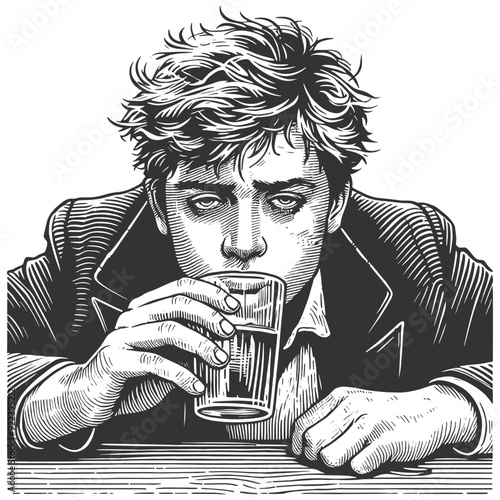 Alcoholic tired or melancholic man holding a frothy beer mug, sense of weariness sketch engraving generative ai fictional character vector illustration. Scratch board imitation. Black and white image.