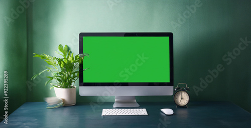 table with green screen computer 