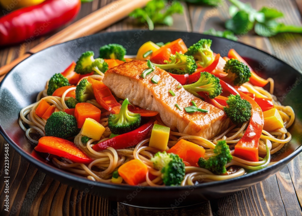 Vibrant stir-fry with seared salmon, colorful bell peppers, broccoli, carrots, and scallions, served over brown rice noodles with drizzled soy sauce, perfect for gluten-free meal. Vibrant stir-fry with seared salmon, colorful bell peppers, broccoli, carrots, and scallions, served over brown rice noodles with drizzled soy sauce, perfect for gluten-free meal.