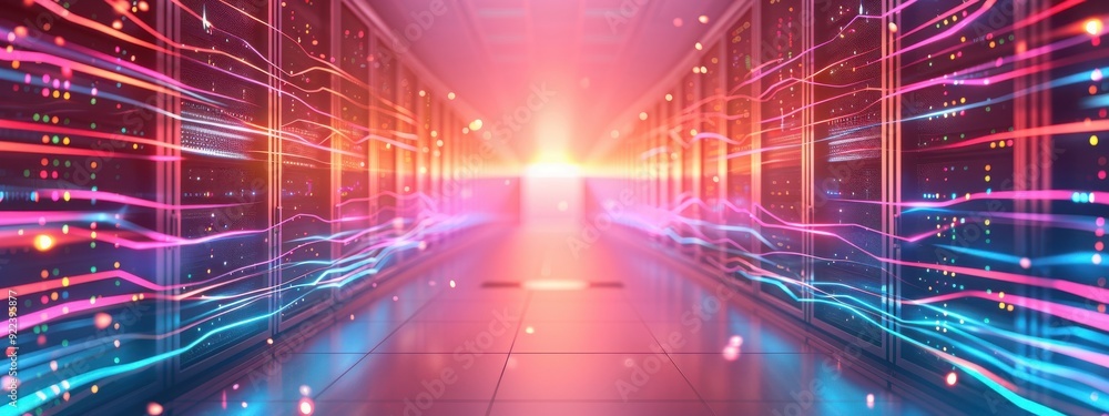 Animation of firewall systems managing vast data storage solutions, shown in a stylized server room with flowing data lights. Animation of firewall systems managing vast data storage solutions, shown in a stylized server room with flowing data lights.