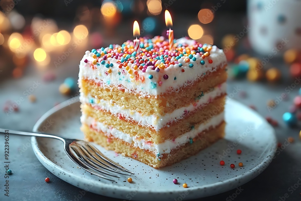 Birthday Cake Slice with Sprinkles and Candles - Food Photography Birthday Cake Slice with Sprinkles and Candles - Food Photography