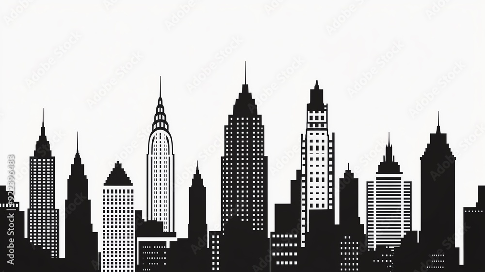 custom made wallpaper toronto digitalUrban skyline pattern, classic and modern buildings, monochrome black and white, flat lay, sharp contrast
