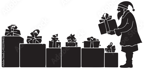 black silhouette Santa has many gifts box with white background