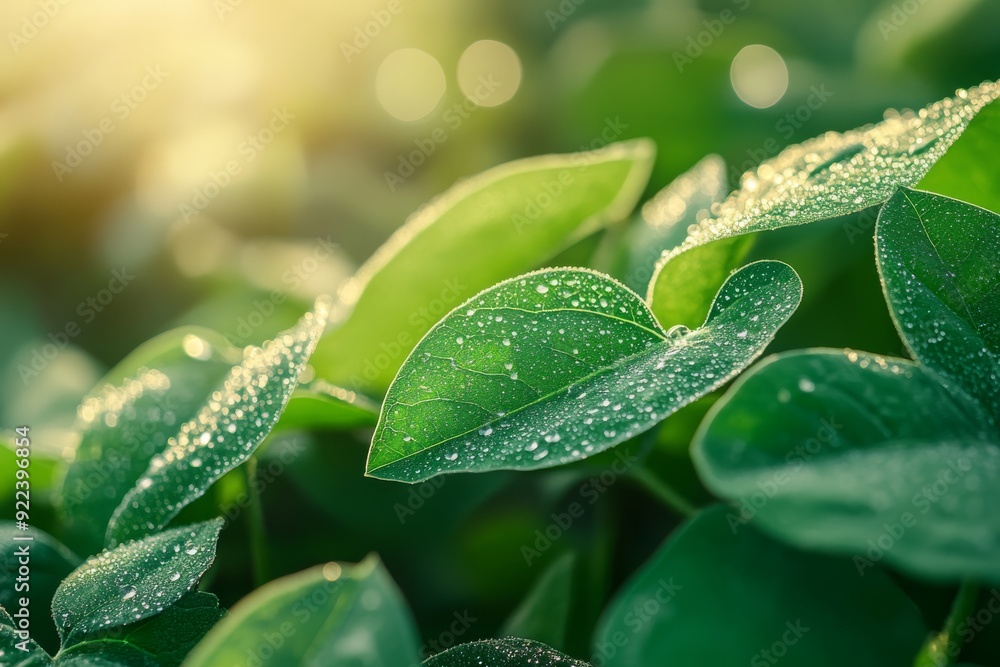 The image shows a closeup of lush soybean leaves adorned with morning dew droplets. The vibrant green shines under the sunlight, creating a picturesque scene that embodies the essence of nature The image shows a closeup of lush soybean leaves adorned with morning dew droplets. The vibrant green shines under the sunlight, creating a picturesque scene that embodies the essence of nature