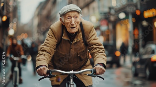 Elderly Man Riding Bicycle Through City Street, bokeh, urban, street photography, cyclist