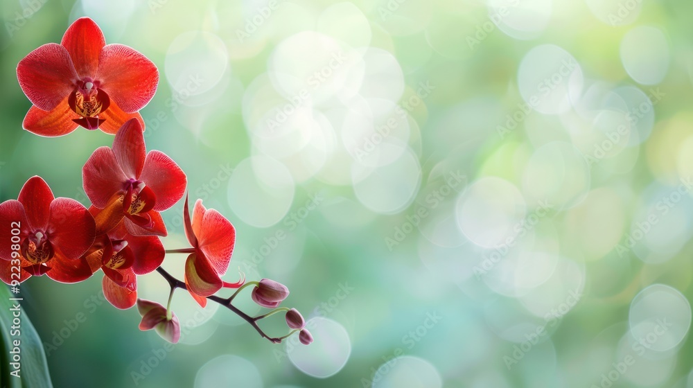 Red Orchid Blooms on Green Bokeh Background Red Orchid Blooms on Green Bokeh Background