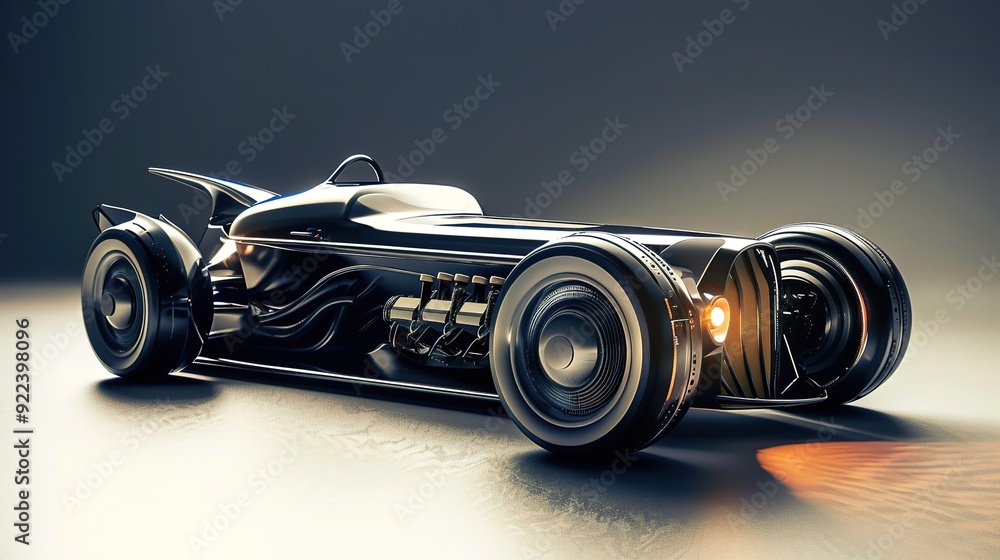 Sleek black hot rod with exposed engine on a studio background. Sleek black hot rod with exposed engine on a studio background.