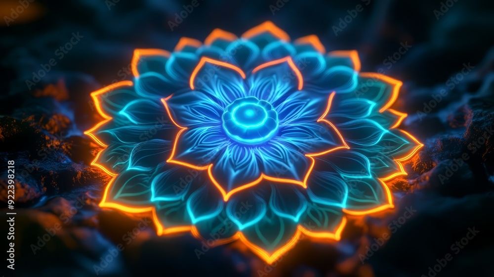 Obraz premium A vibrant, glowing flower with intricate details, radiating an ethereal aura.