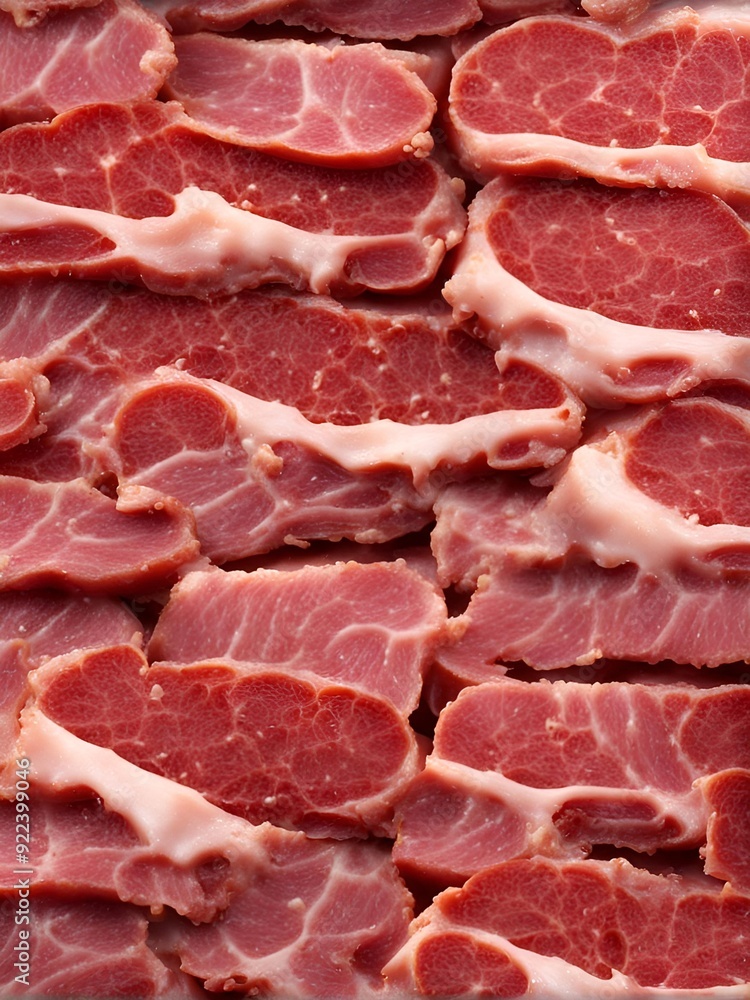 Thinly sliced pork meat arranged neatly on a wooden surface, highlighting marbling and freshness Thinly sliced pork meat arranged neatly on a wooden surface, highlighting marbling and freshness