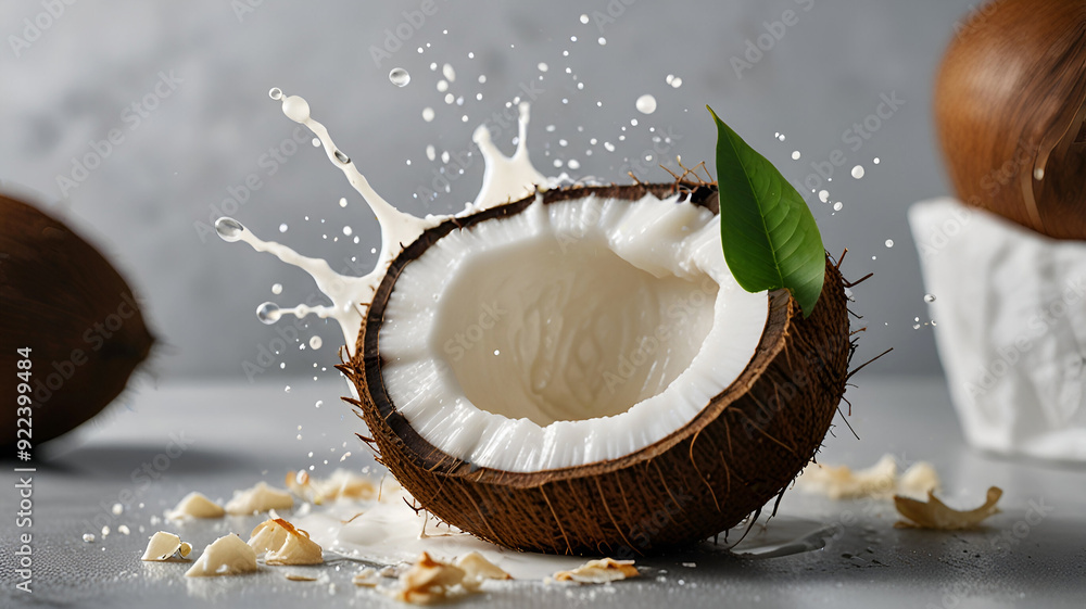 Coconut, water splash, tropical palm leaves, tropical drink, white background, Coconut milk splash with leaves isolated Coconut, water splash, tropical palm leaves, tropical drink, white background, Coconut milk splash with leaves isolated