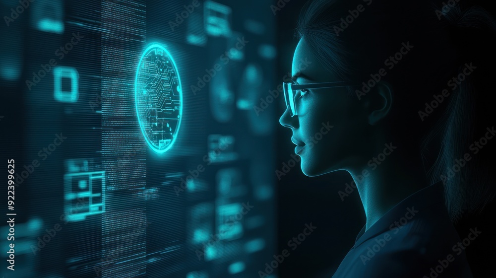 A focused woman interacts with futuristic technology, illuminated by blue digital screens, showcasing innovation and intelligence. A focused woman interacts with futuristic technology, illuminated by blue digital screens, showcasing innovation and intelligence.