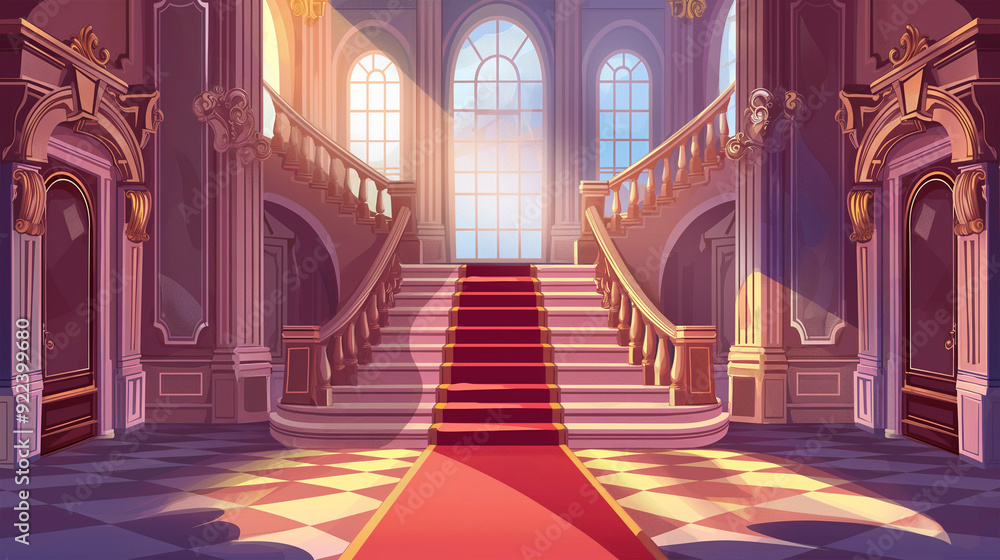 Fototapeta premium The Medieval castle royal hall interior with stairs cartoon background, game background, Illustration