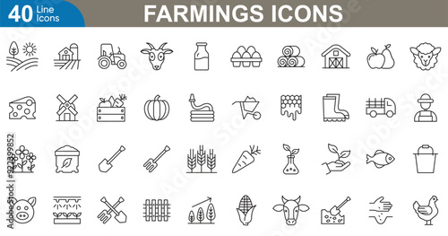 Farming line icons set. Tractor, agriculture, tools, containing, animals, garden fork, sowing, organic farming, farming equipment and more. vector illustration.