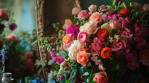 Wallpaper Mural A lush bouquet of flowers, placed before a mirror, where the reflection enhances the vibrant colors and fullness. Torontodigital.ca