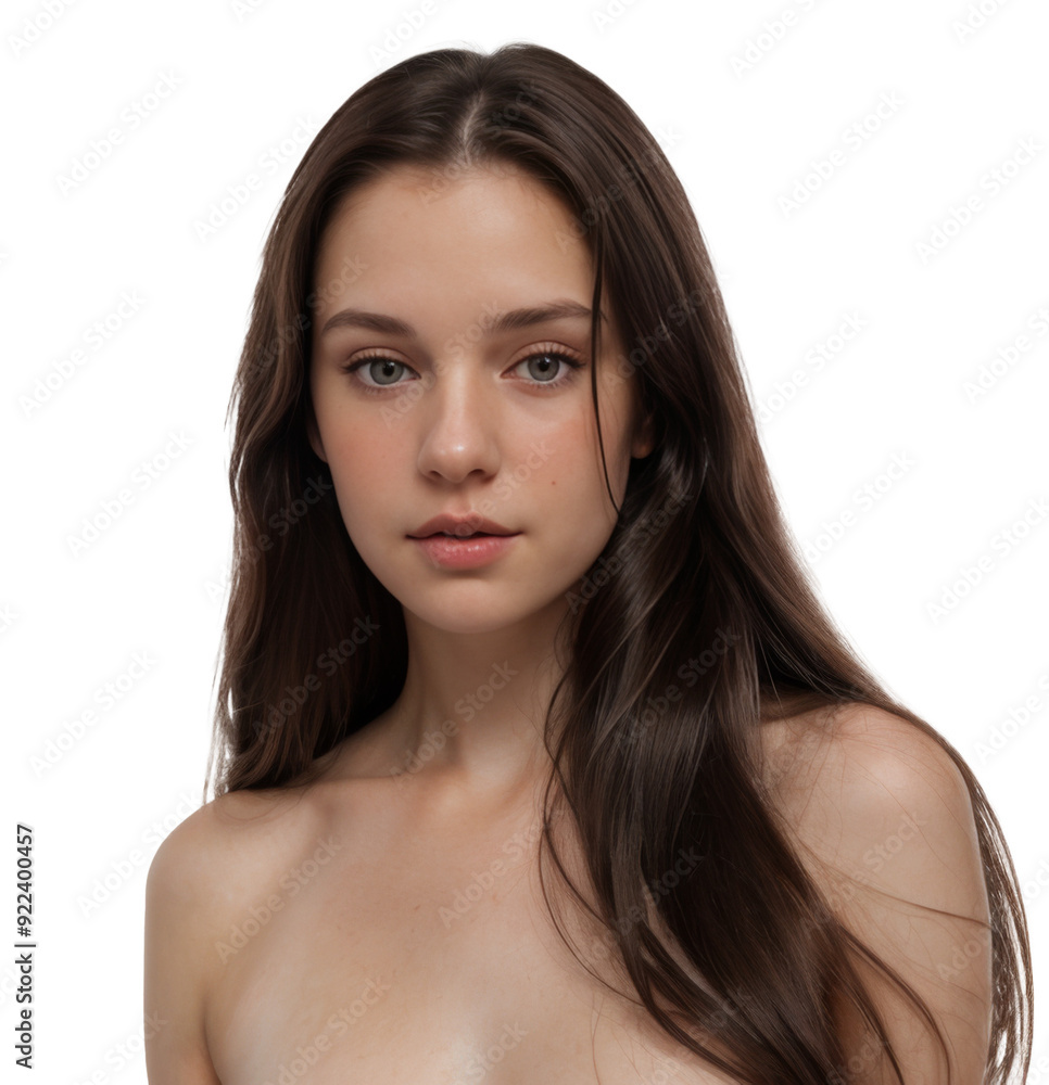 Young naked latin woman with long, flowing hair poses gracefully, showcasing her natural beauty and calm demeanor Young naked latin woman with long, flowing hair poses gracefully, showcasing her natural beauty and calm demeanor