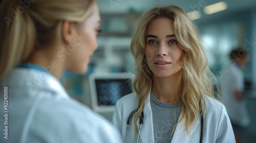 Pharmaceutical sales representative talking with female doctor in medical building. Hospital director consulting with healthcare staff.