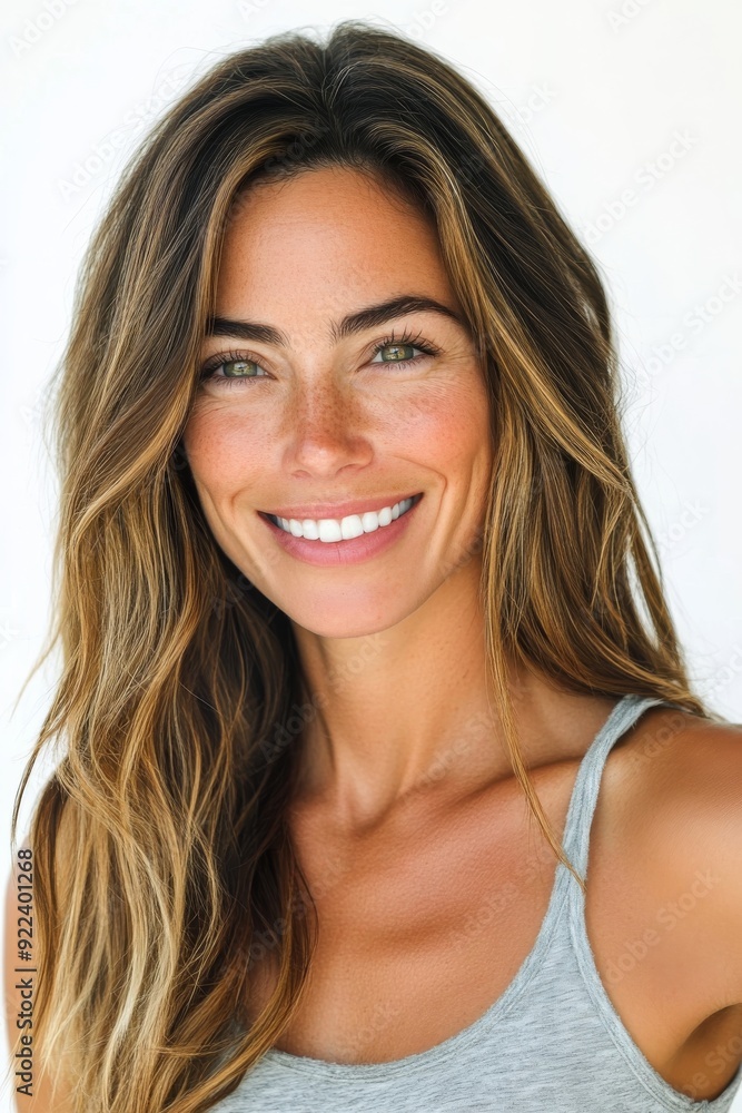 Smiling Woman with Long Hair in Casual Sleeveless Top, White Background
Smiling Woman with Long Hair in Casual Sleeveless Top, White Background