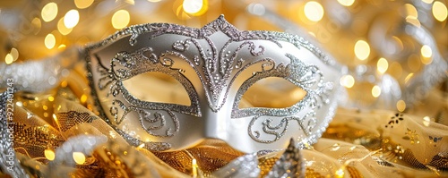 A white masquerade mask with silver glitter and intricate patterns sits on gold fabric with bokeh lights. photo