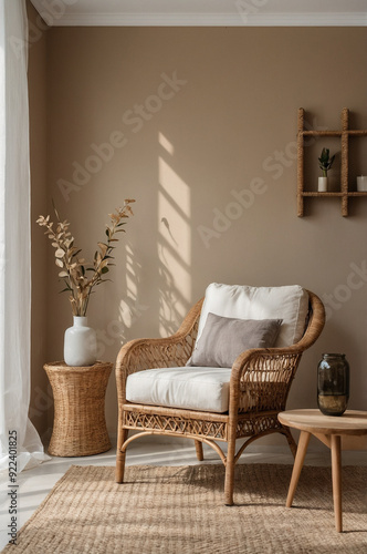 Boho interior design, living space with arm chair and empty wall, contemporary interior design