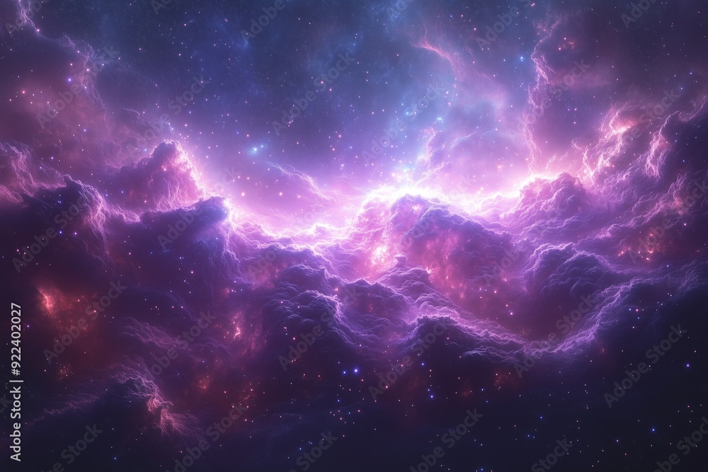 A vibrant cosmic cloud with purple and pink hues illuminated by distant stars in the night sky A vibrant cosmic cloud with purple and pink hues illuminated by distant stars in the night sky