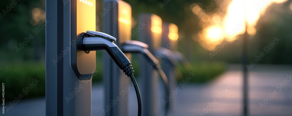 Electric vehicle charger station at sunset, showcasing modern technology and sustainable energy for eco-friendly transportation. Electric vehicle charger station at sunset, showcasing modern technology and sustainable energy for eco-friendly transportation.