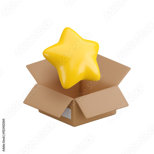 Vector cartoon 3d premium parcel delivery concept. Cute realistic open cardboard box package with gold star inside, 3d successful order received icon, shipping quality control, best logistics sign.