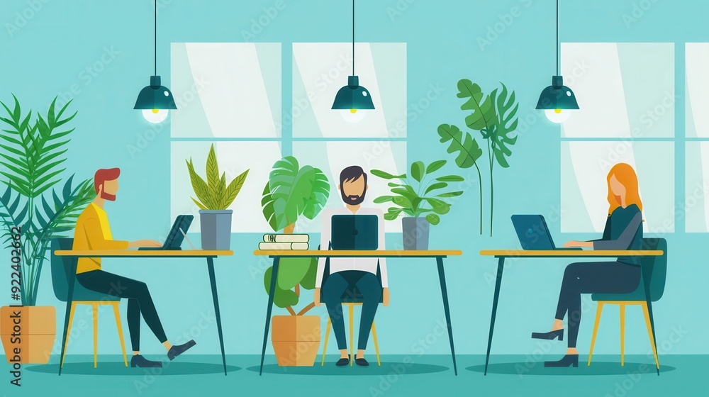 Fototapeta premium Business incubator, collaborative workspace with entrepreneurs, flat design illustration