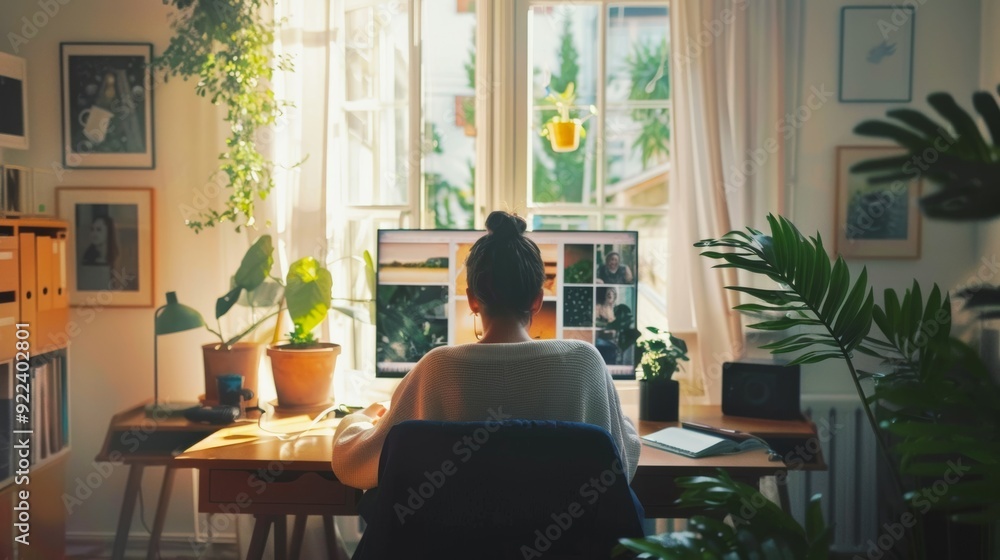 Working remotely with people joining a video call from a modern home office. Working remotely with people joining a video call from a modern home office.
